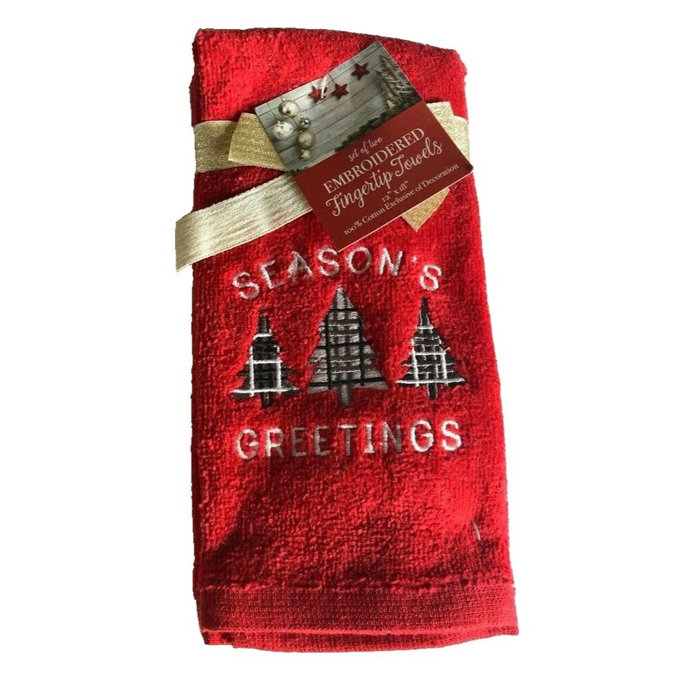 Christmas Fingertip Towels Seasons Greetings Embroidered Holiday Red Set of 2